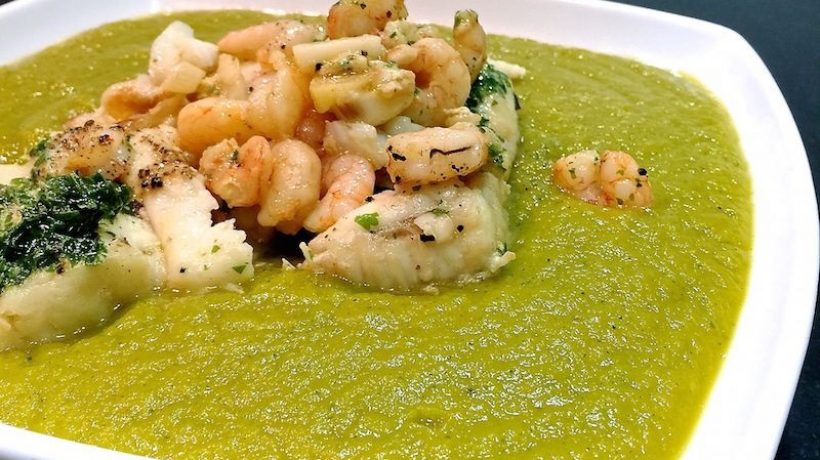 HAKE WITH GARLIC PRAWNS ON GREEN CREAM BED