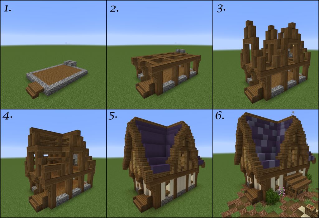 Step-by-step Minecraft roof building tutorial showing different construction phases from planning to completion