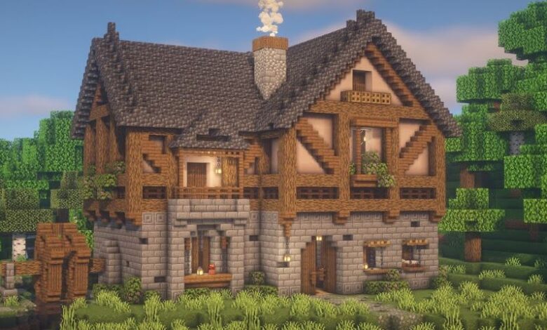 Minecraft player constructing a wooden gable roof on a stone house using oak planks and stairs blocks