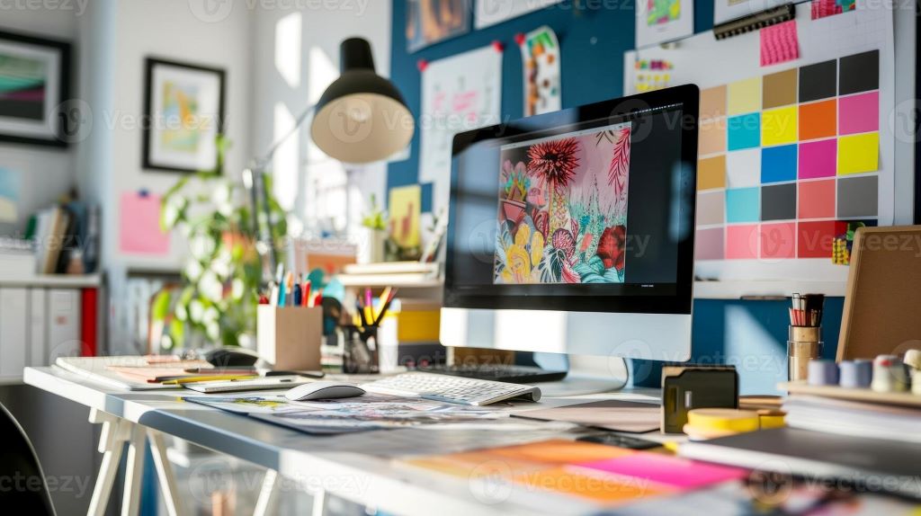 Designer workspace with Lululemon-inspired color swatches arranged on desk next to digital tablet and style guide
