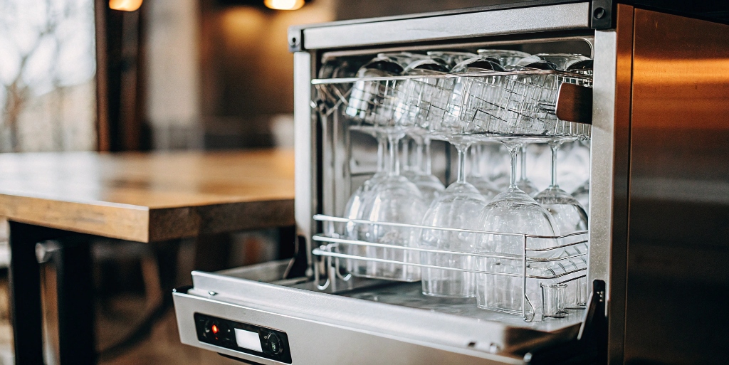 Compact Industrial Glass Washer: Efficient undercounter solutions for fast, streak-free cleaning of delicate stemware and bar glassware. Maximize space & shine!