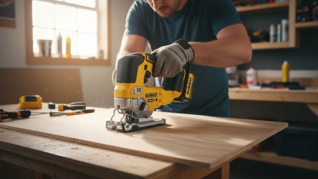 Person using DEWALT 20V MAX jigsaw for home DIY project on plywood surface