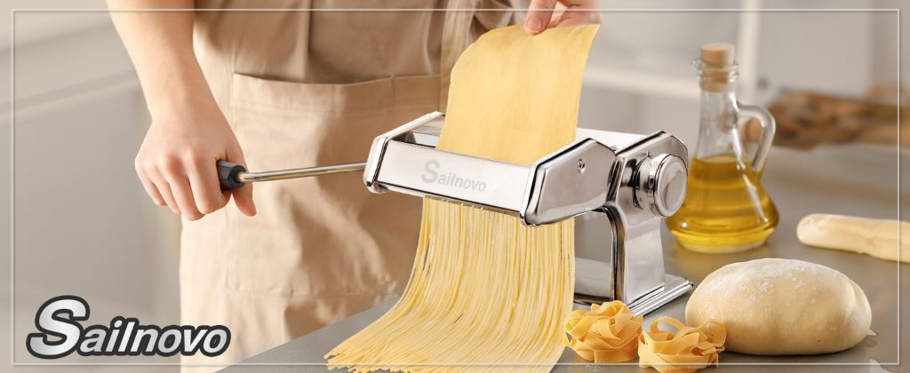 Close-up of Sailnovo pasta maker making fresh pasta during review.