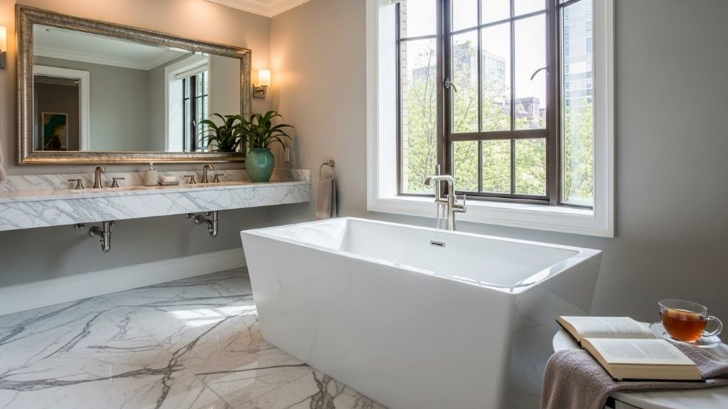 Modern freestanding bathtub in transitional bathroom with marble flooring, gray walls, and natural light from large window