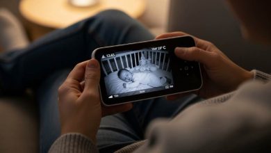 A parent holding a handheld baby monitor screen showing a clear video feed of a sleeping baby in a crib at night, with infrared night vision activated