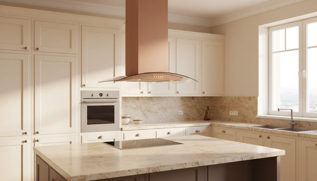 Curved edge 30-inch ventilation hood in earth tone finish blending with warm white cabinets and natural stone island countertop