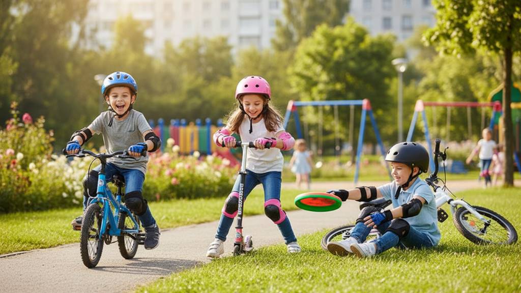 Group of happy kids in full bike safety gear, including BOSONER pads, playing actively at a park.
