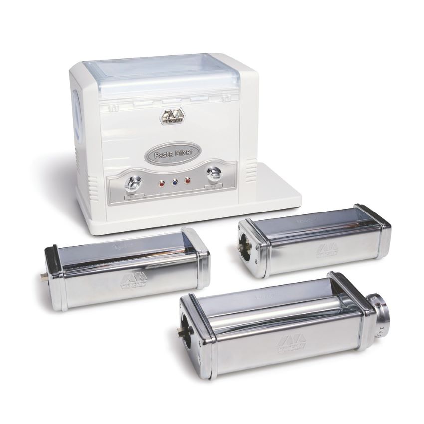Close-up of MARCATO electric pasta machine accessories including rollers and cutters for pasta.