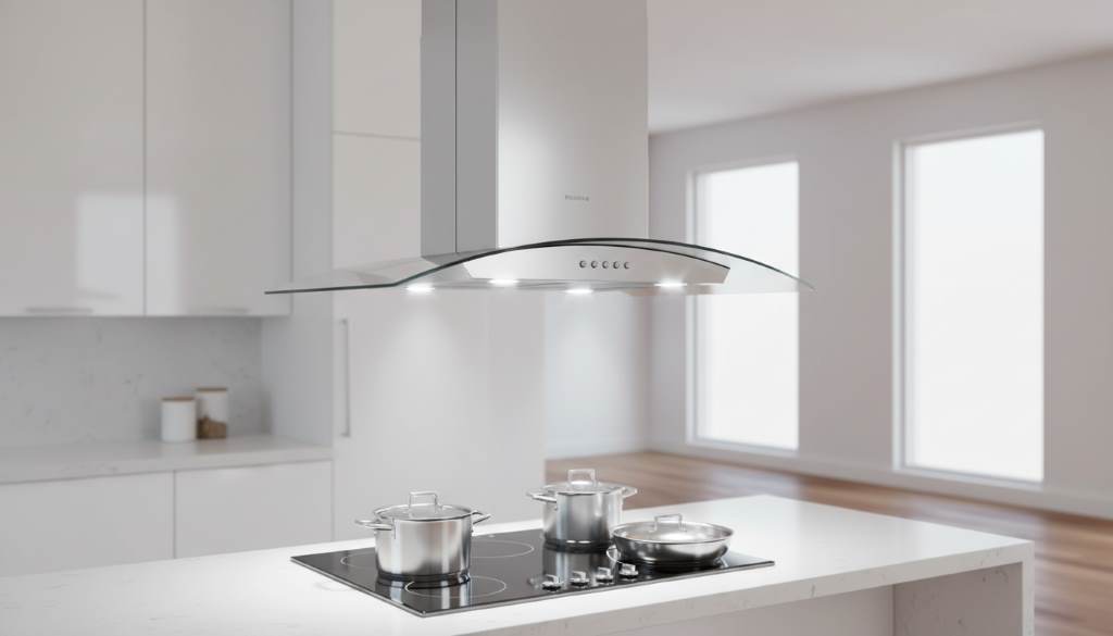 Sleek stainless steel 30-inch island range hood hanging over a modern kitchen cooktop with LED lights illuminating the surface