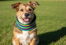 Small dog wearing a colorful flea collar outdoors on grass