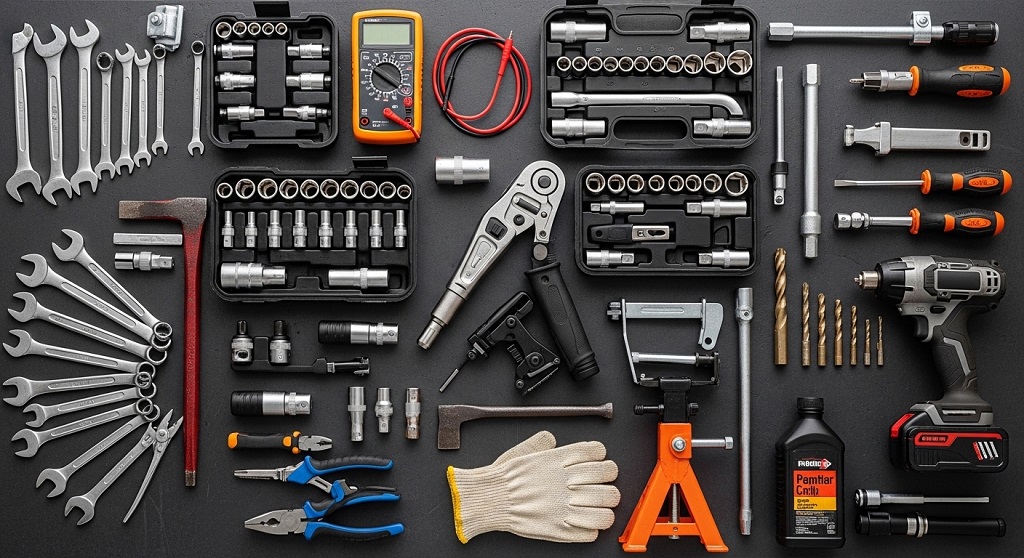 organized auto repair tool cabinet with socket sets and torque wrench