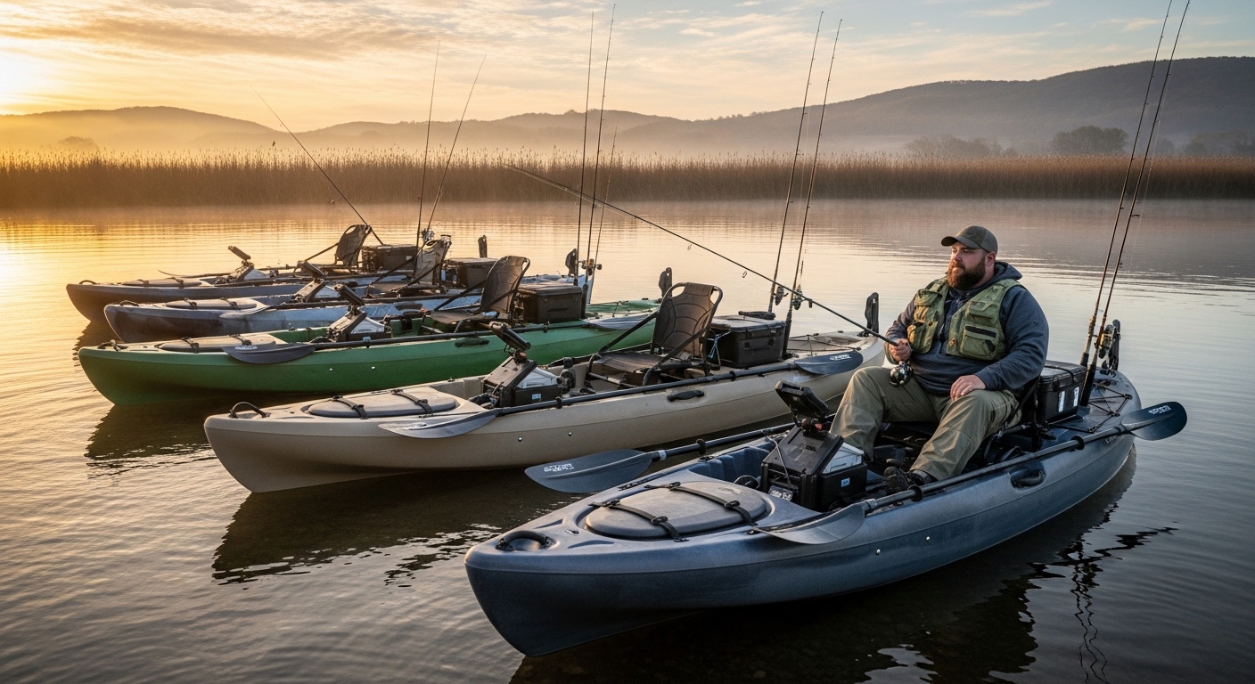 large angler standing on stable fishing kayak casting rod