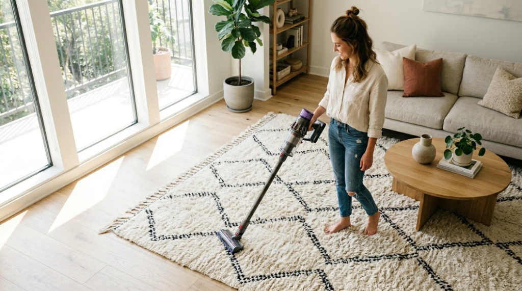 A person easily maneuvering a cordless vacuum over a high-pile rug in a bright living room.