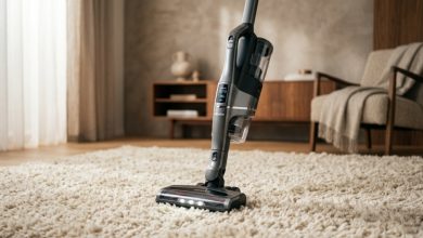 Dyson vacuum standing on plush cream shag carpet with title overlay.