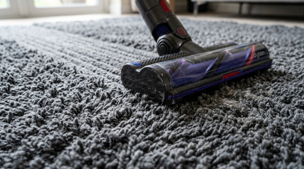 Close-up of a vacuum cleaner head suctioning deep dirt from thick grey carpet fibers.