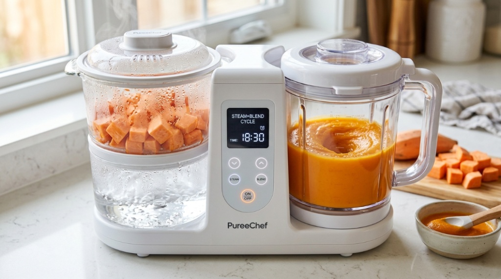 Fresh fruit puree inside a baby puree maker
