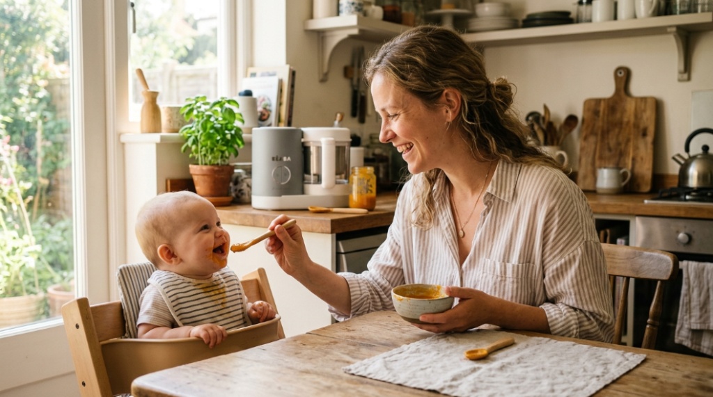 Homemade baby food containers on kitchen counter

