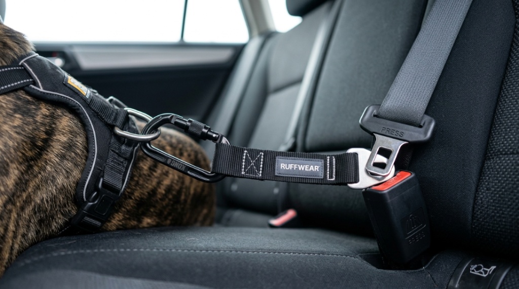 Close-up of heavy duty dog seat belt tether clicking into car receiver.