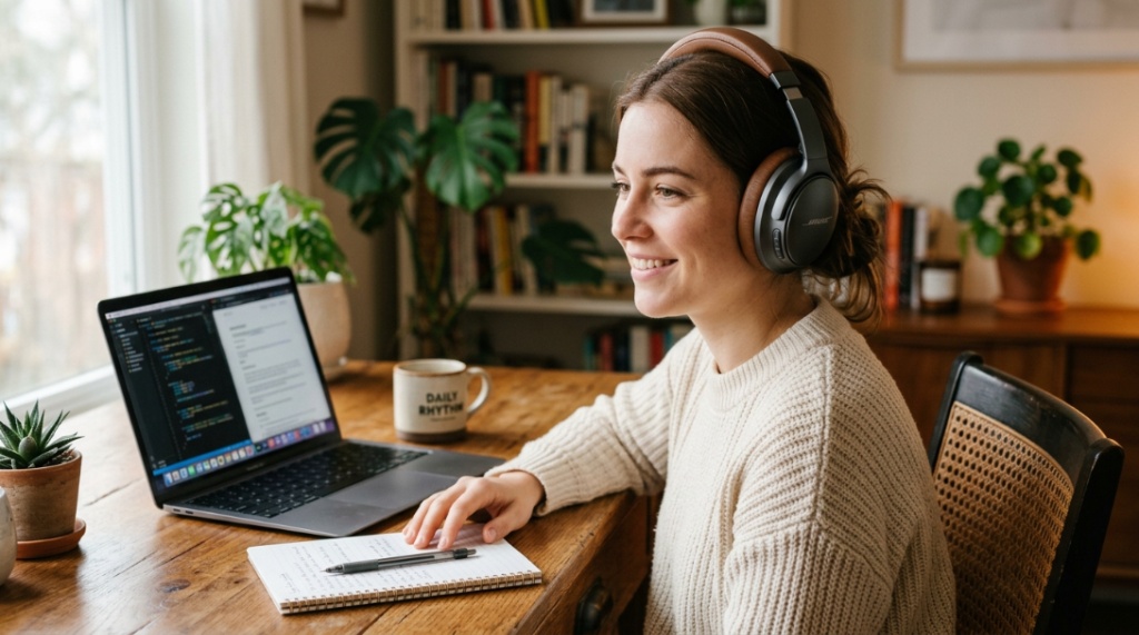 Person relaxing on sofa wearing headphones for long listening sessions.