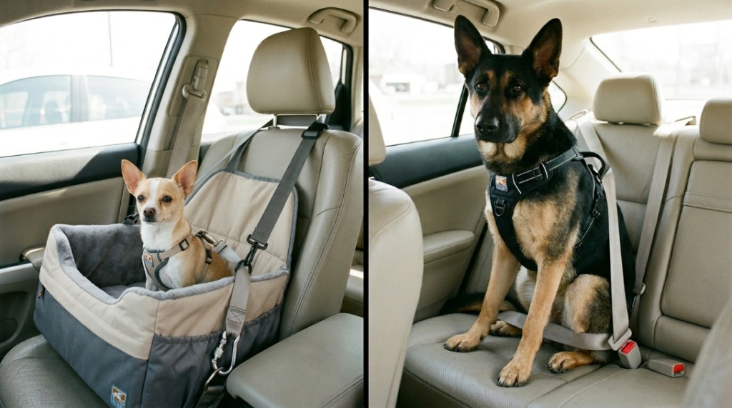 Small dog in booster seat and large dog buckled with safety harness.