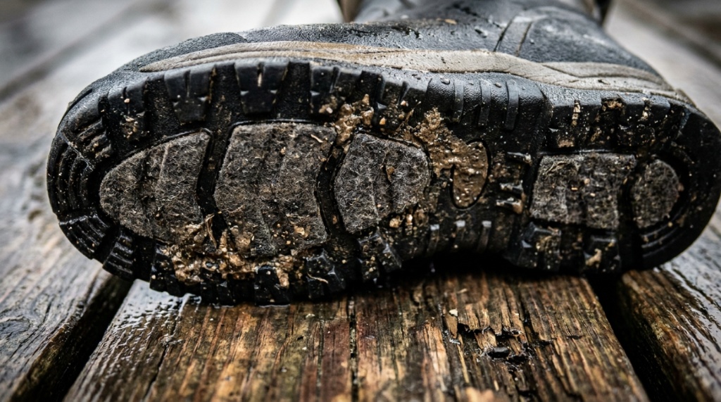 Close-up of heavy-duty rubber cleats on the bottom of a fishing boot. 