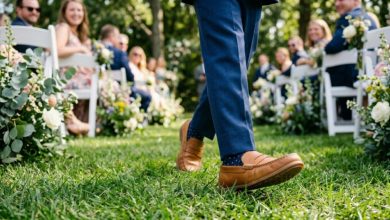 wearing comfortable tan leather loafers with a blue wedding suit walking on grass.