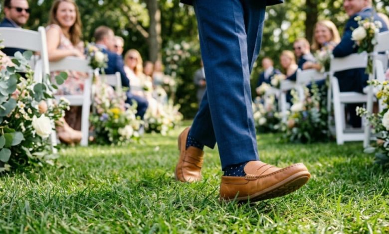 wearing comfortable tan leather loafers with a blue wedding suit walking on grass.