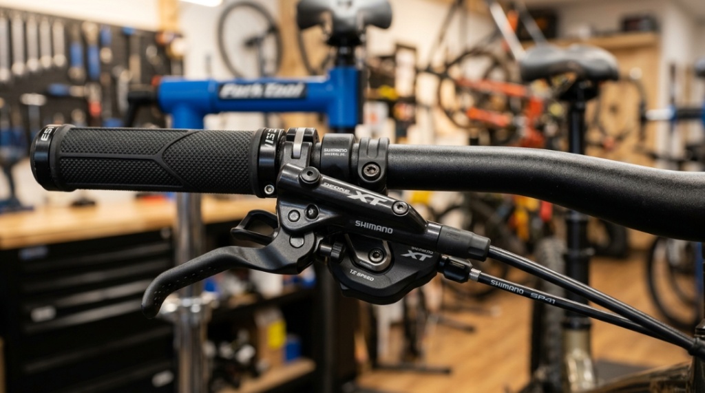 Close up of hydraulic disc brakes and gear shifters on mountain bike handlebars.