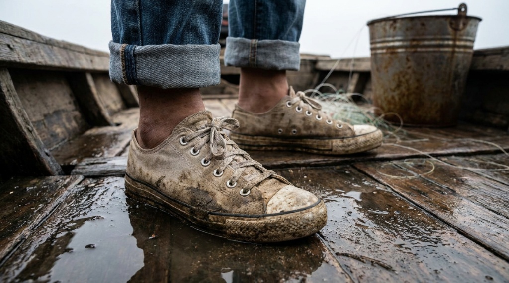  A person wearing soaked canvas sneakers on a wet boat deck.