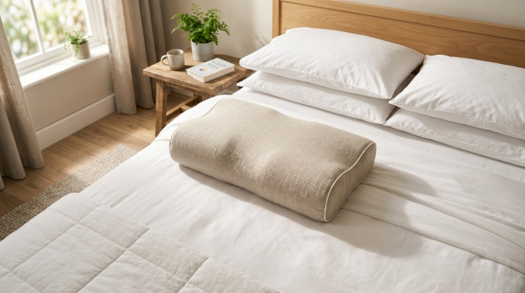 An ergonomic buckwheat pillow resting neatly on crisp white bed sheets.