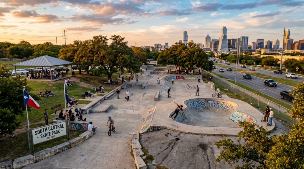 Group of skateboarders riding concrete bowls at a sunny Texas skate facility.