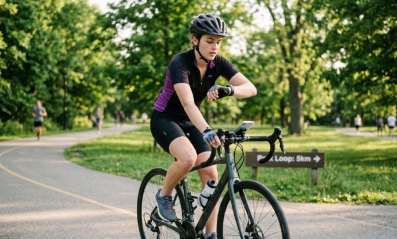 Beginner cyclist following a fitness training routine