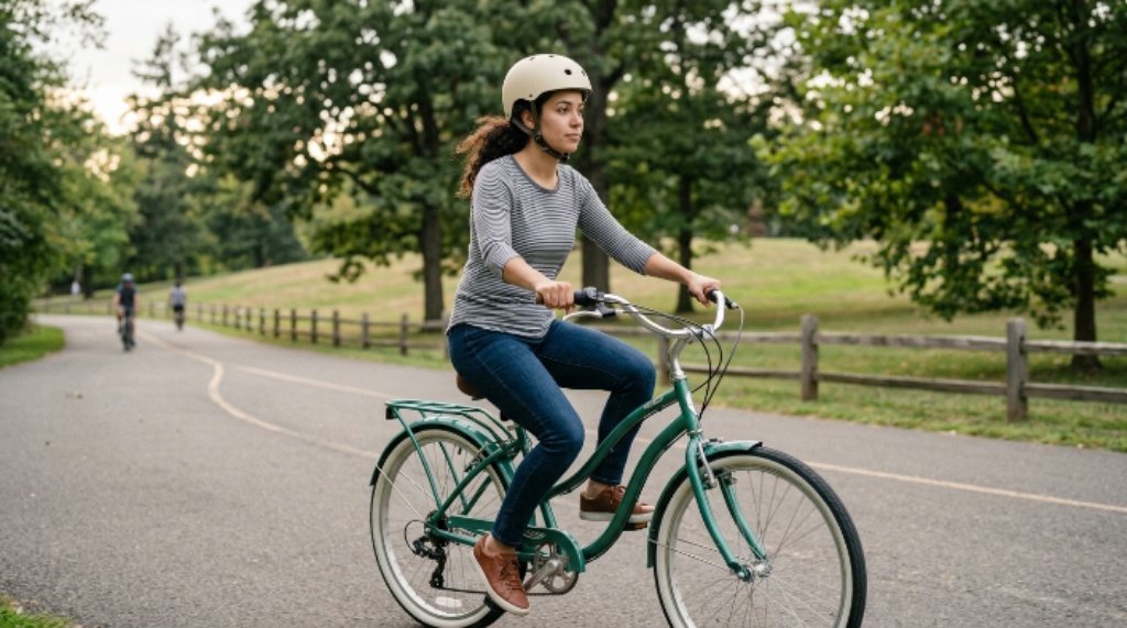 Cruiser bike rider demonstrating safe braking and control