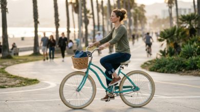 Person riding a cruiser bike with proper posture and balance