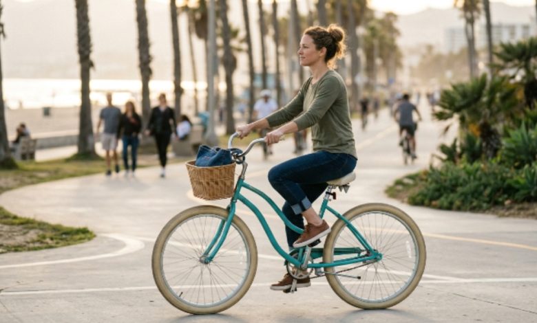 Person riding a cruiser bike with proper posture and balance