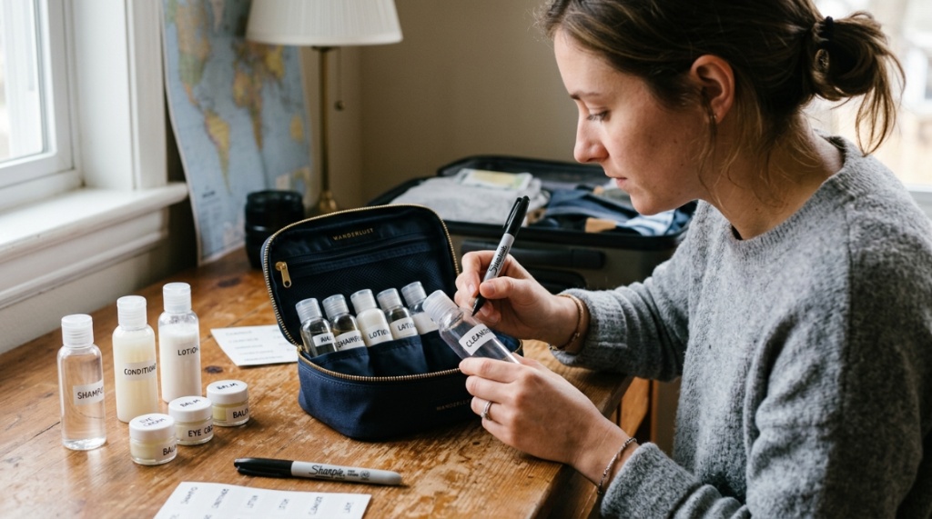 Woman labeling small travel bottles for neat makeup bag organization