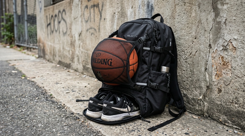 Open sports backpack revealing organized gear and a lower shoe pocket.