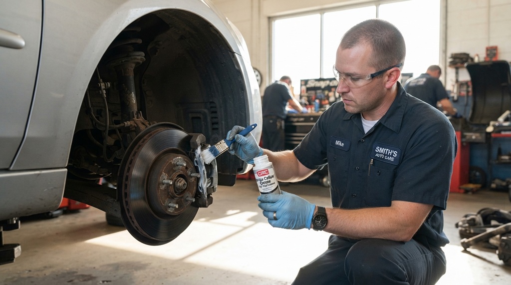 Male mechanic applying ceramic grease to car brakes in a sunlit workshop.