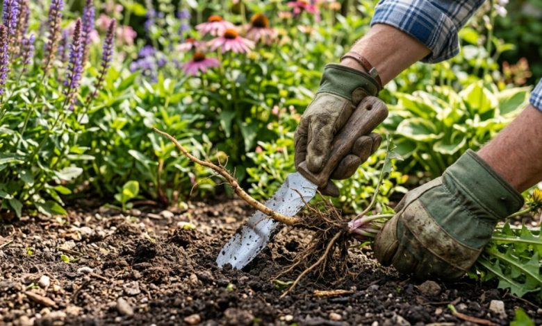 A specialized weeding knife resting on rich garden soil next to a weed