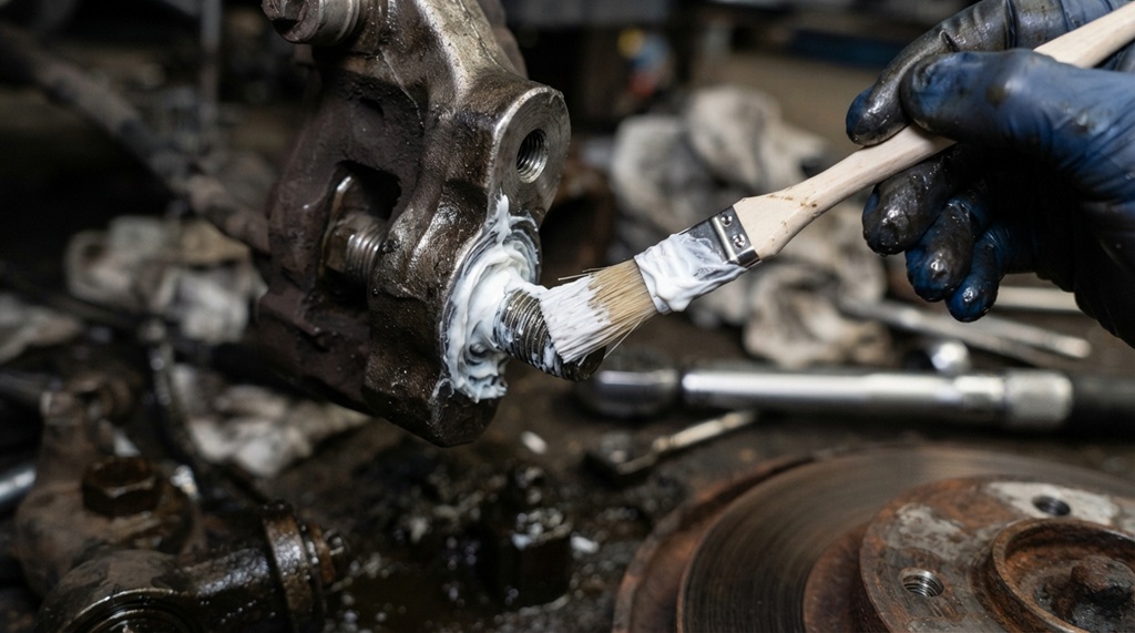 High-heat white ceramic lubricant being brushed onto a metal component.