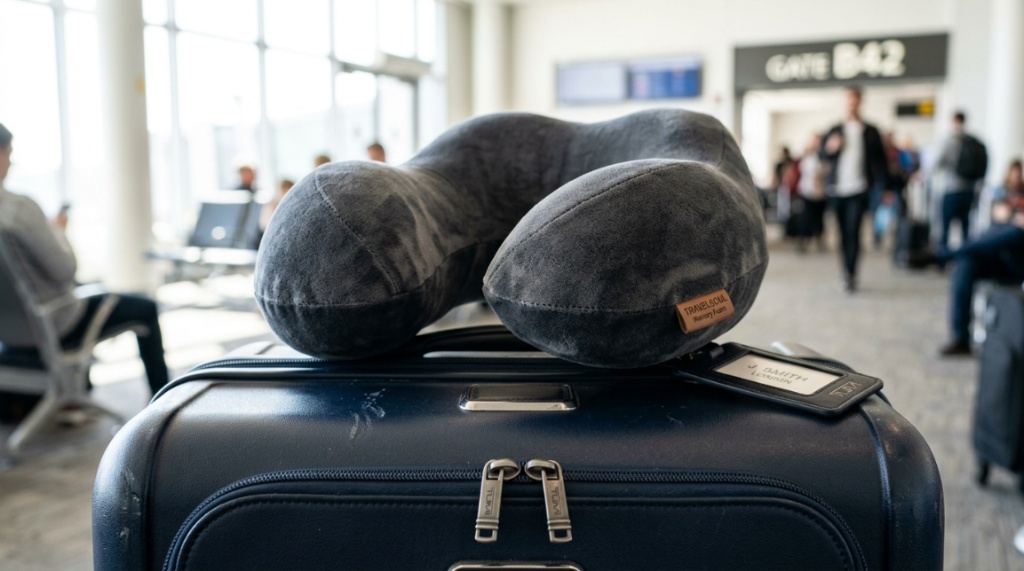 Ergonomic travel neck pillow resting on top of a suitcase.