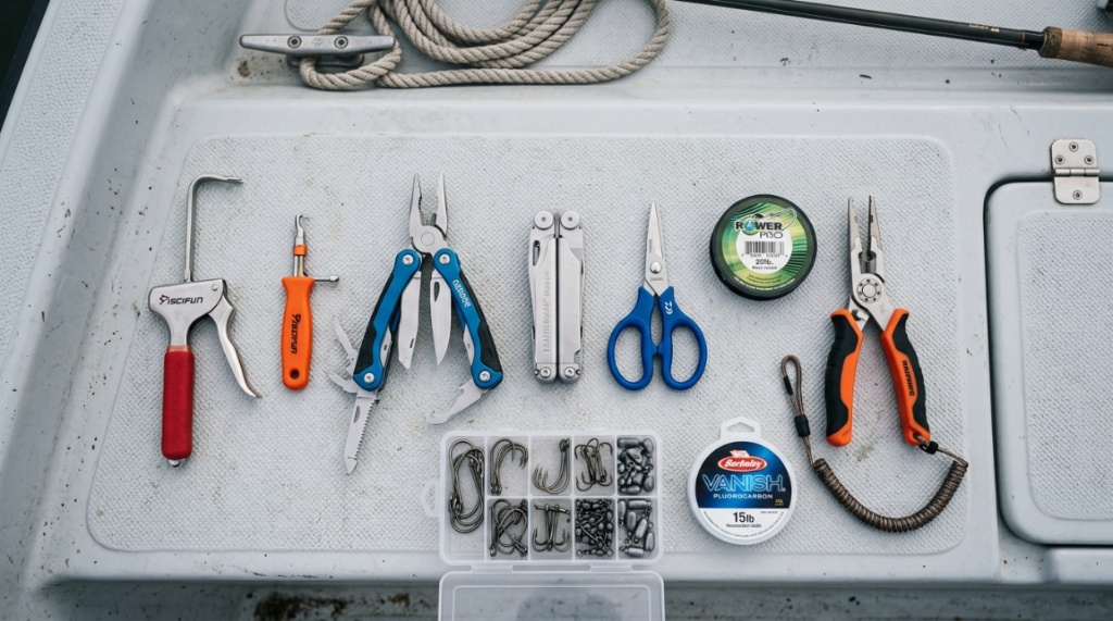 Close-up of essential fishing tools laid out on a boat deck.