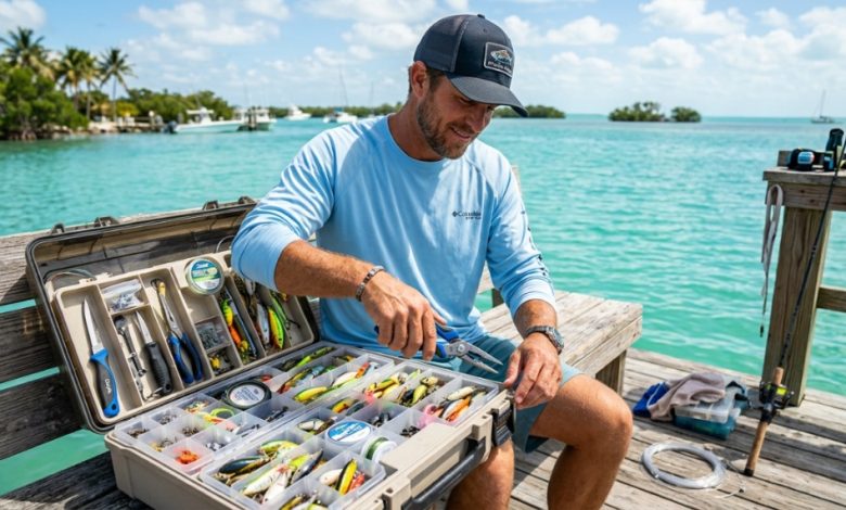 Angler organizing a tackle box and fishing gear on a Florida dock.