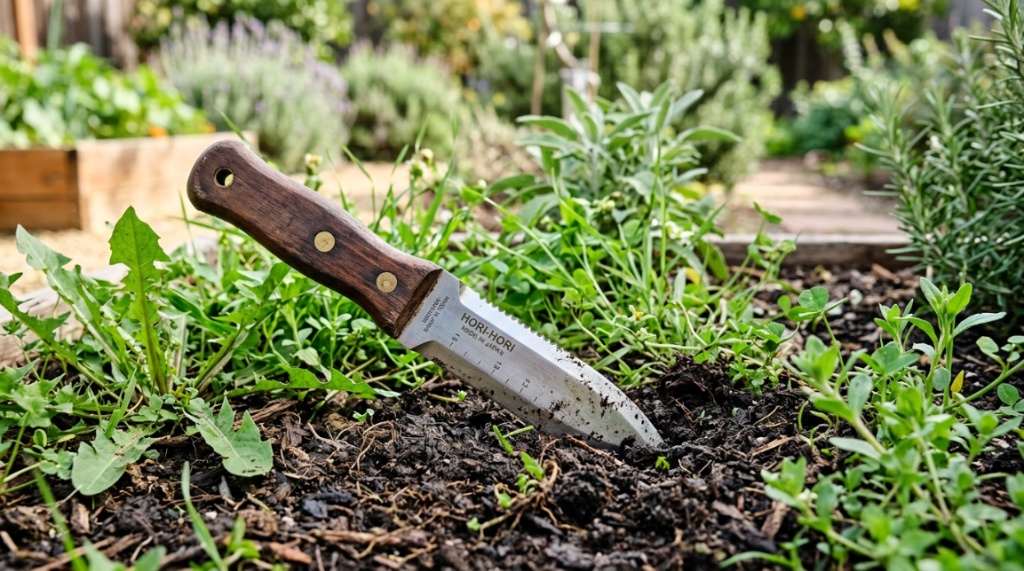 A gardener using a weeding knife to remove weeds from a flowerbed.