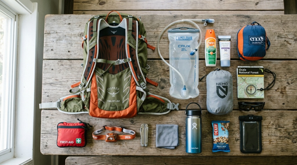 Lightweight camping backpack and outdoor gear arranged on a wooden table.