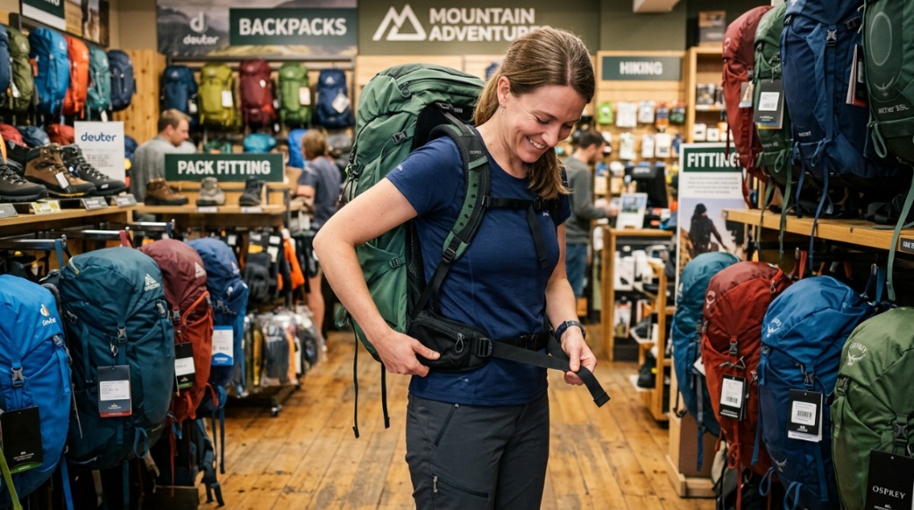 Woman trying on an ergonomic hiking backpack in an outdoor store.