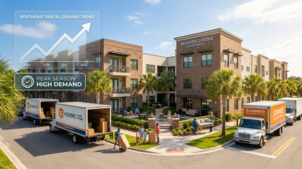 Renter comparing Southeast apartment prices during high-demand and low-demand rental seasons