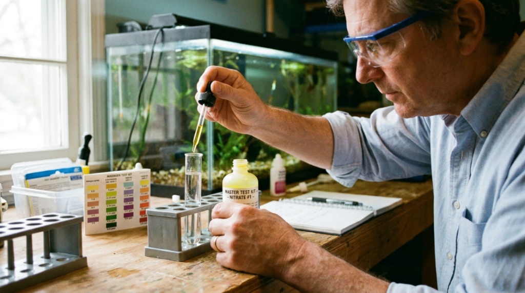 Hands holding a water test strip against a color chart near a fish tank.