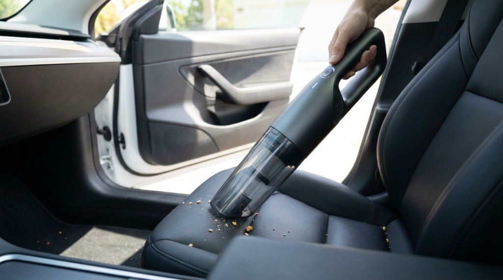 Compact cordless car vacuum cleaning car seat crumbs