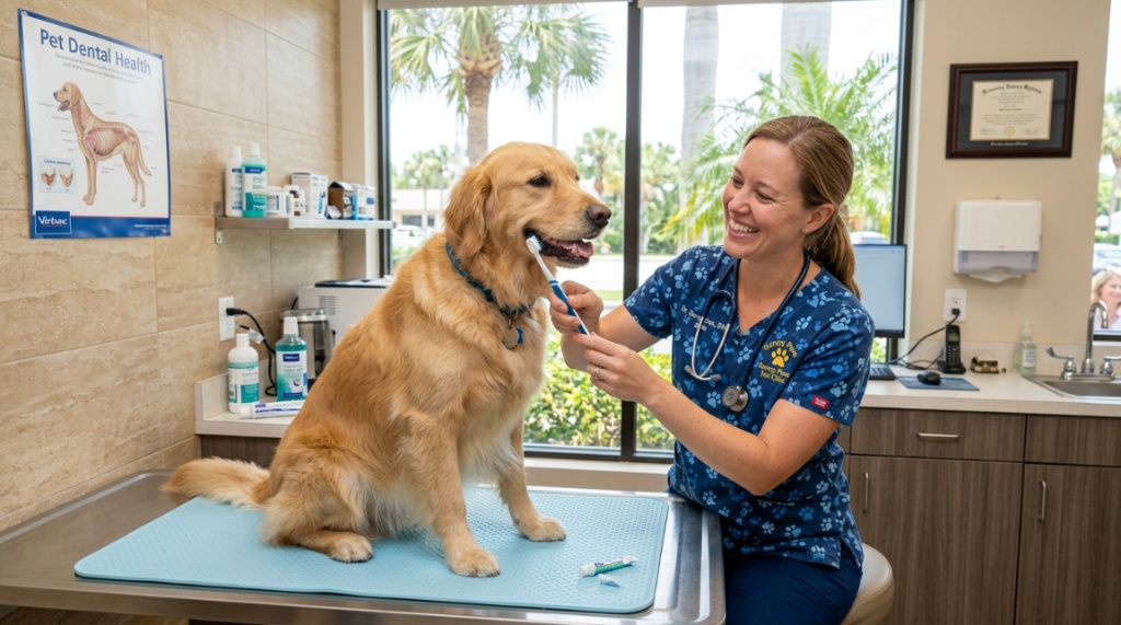 Dog looking eagerly at pet toothpaste.